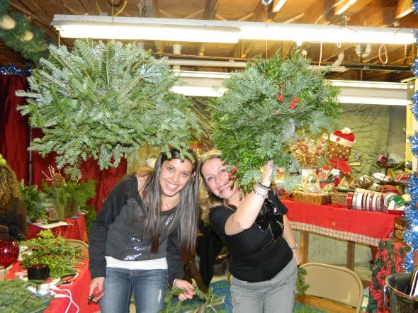 KB Class Attendees working on their Kissing Balls with Evergreens